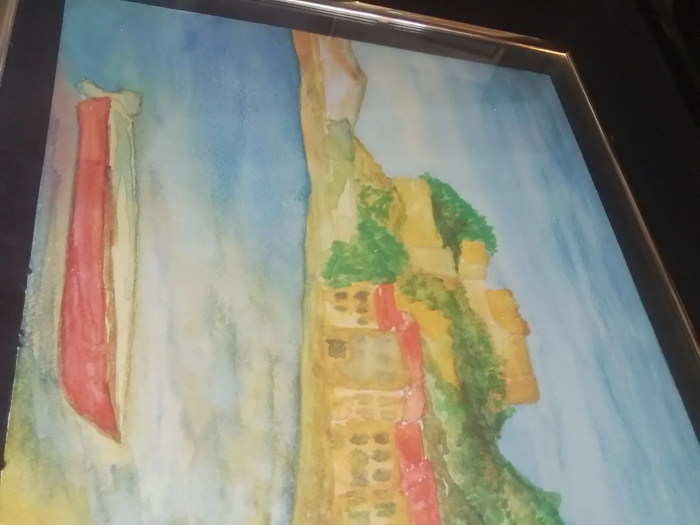 Framed Watercolor Painting of Coastal Village image indicator(4)