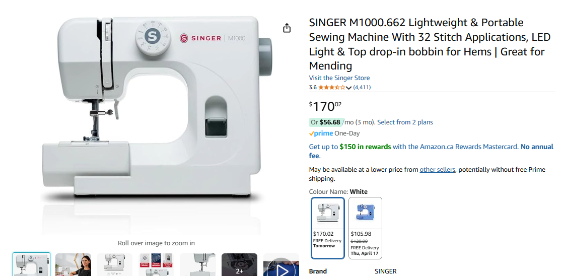 SINGER M1000.662 Lightweight Portable Sewing Machine - White