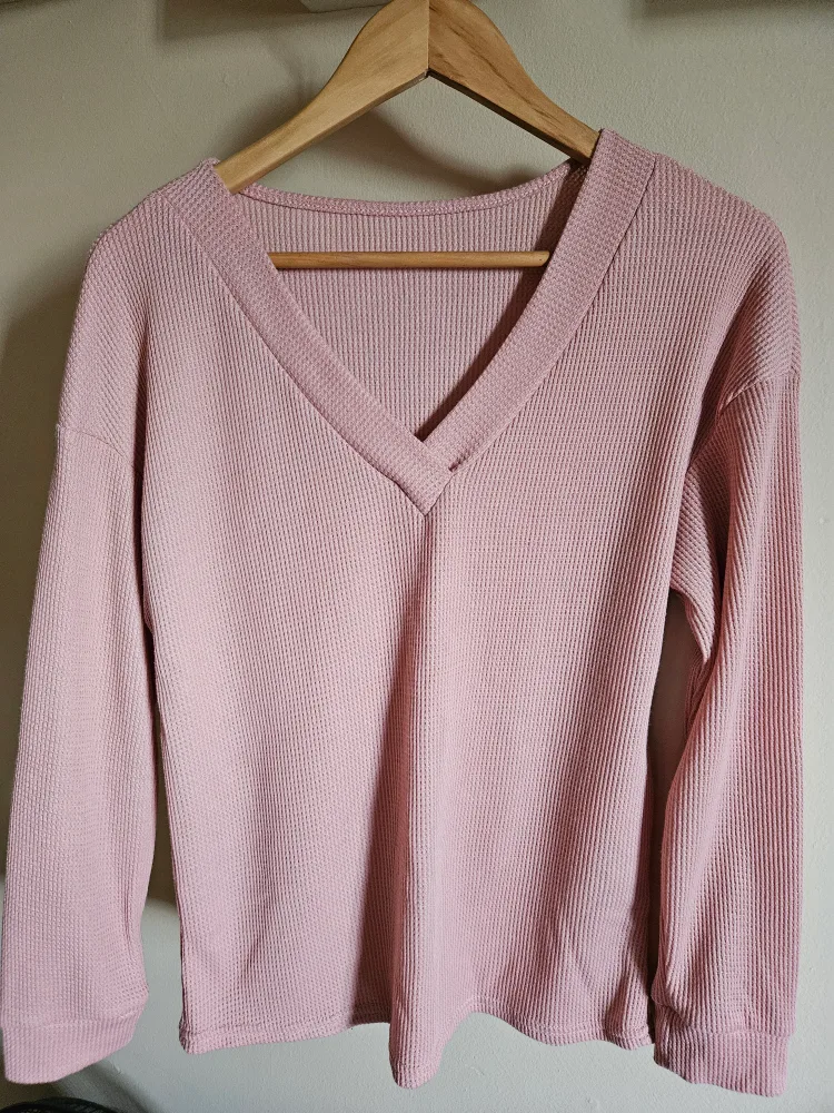 SHEIN Pink Waffle Knit V-Neck Long Sleeve Crop Top - Size M thumbnail