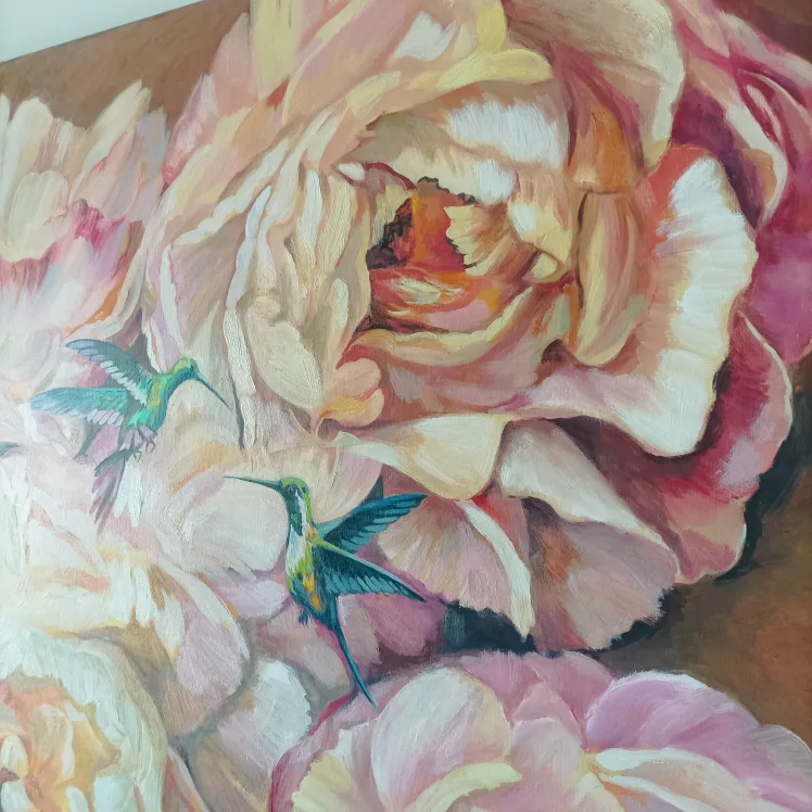 Original Oil Painting - Hummingbirds and Peonies image indicator(5)