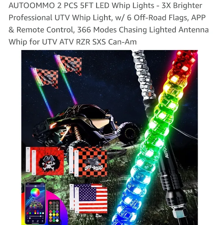 AUTOOMMO RGB LED Whip Lights - 2 Pack, 5ft, 366 Modes image indicator(5)