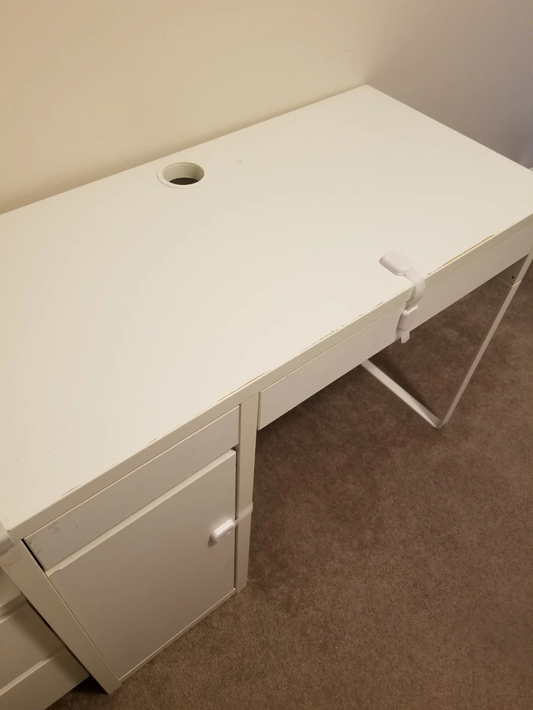White IKEA Desk with Drawer and Cabinet