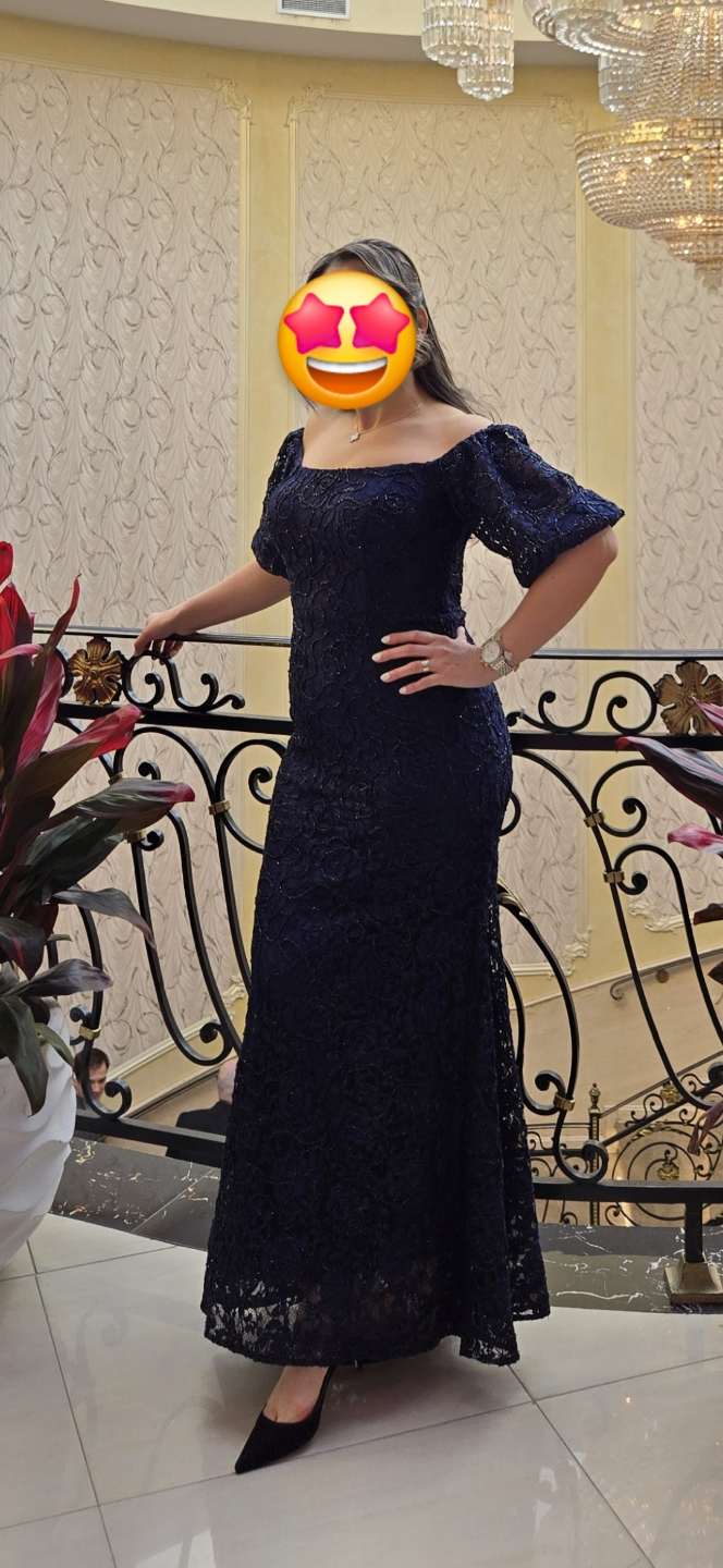 XScape Navy Blue Lace Formal Dress