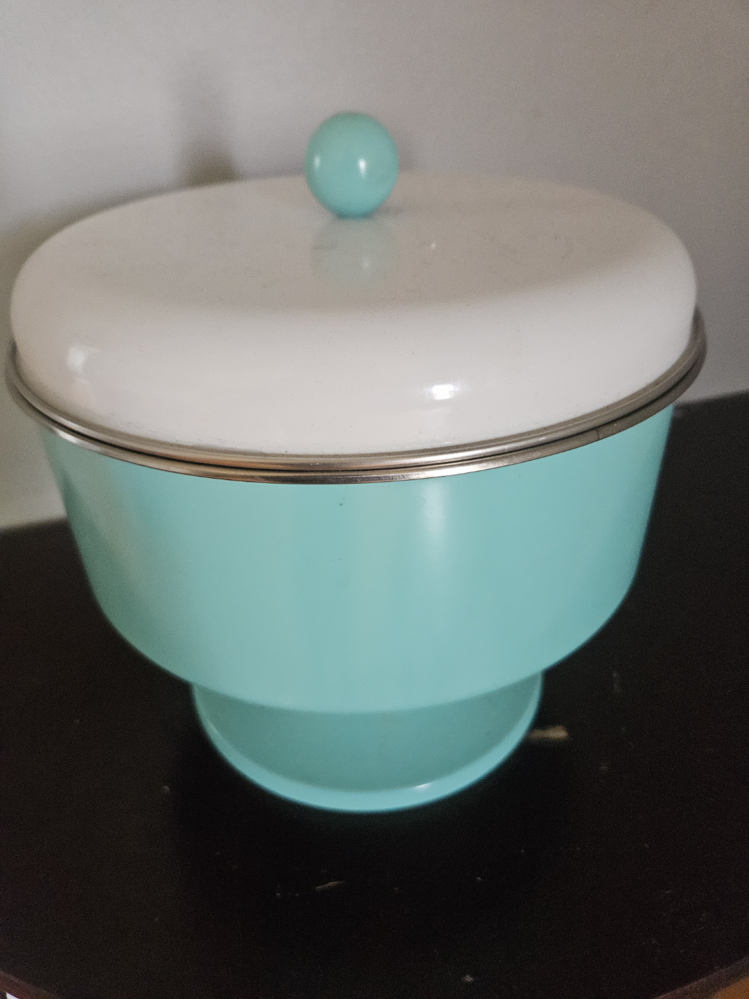 Vintage Turquoise Enamel Candy Dish with Lid