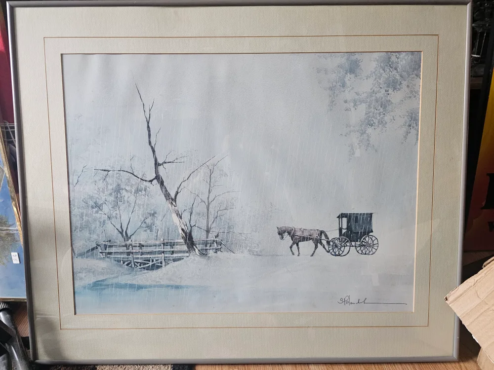 Framed Watercolor Painting of Horse and Buggy in Winter Scene thumbnail