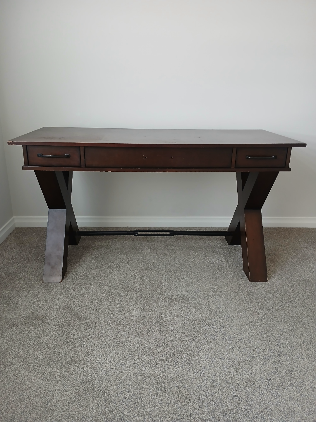 Dark Brown Wooden Desk with X-shaped Legs