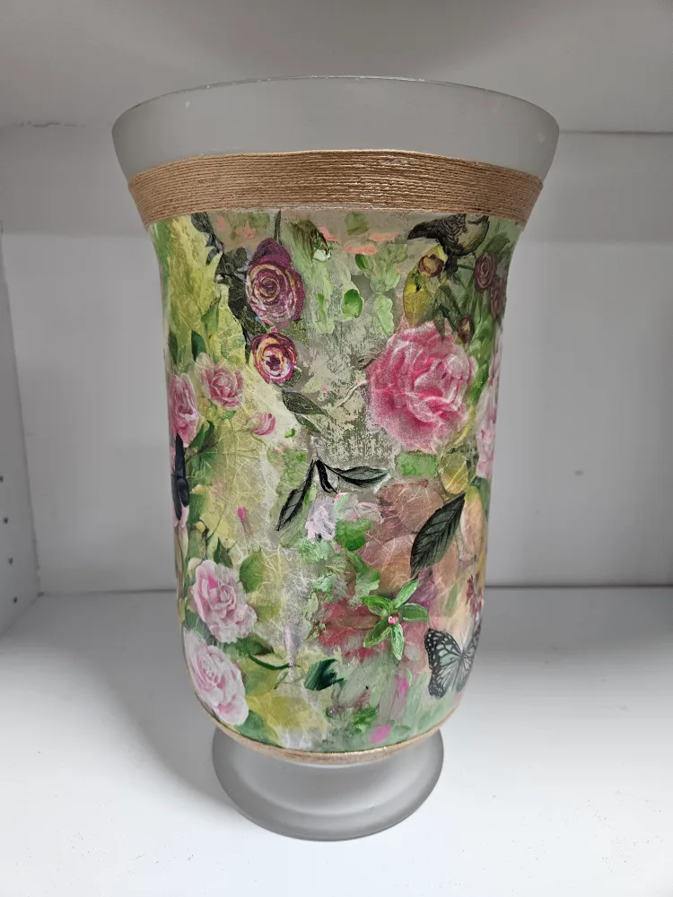 Hand-painted Glass Vase with Roses and Butterflies thumbnail