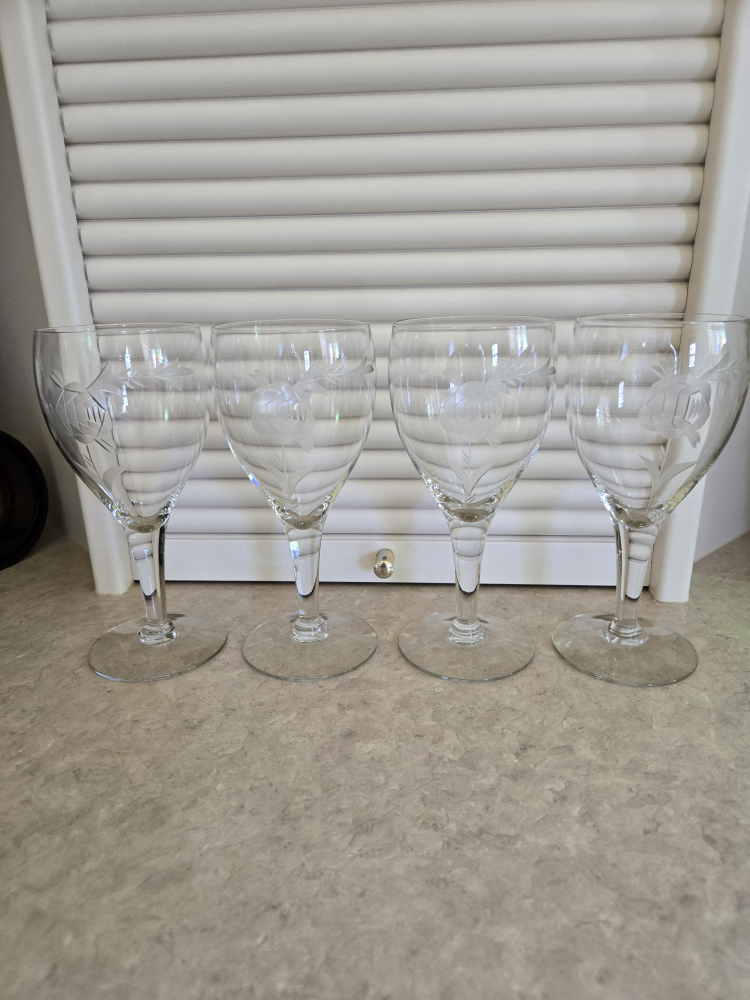 Set of Four Etched Glass Wine Glasses