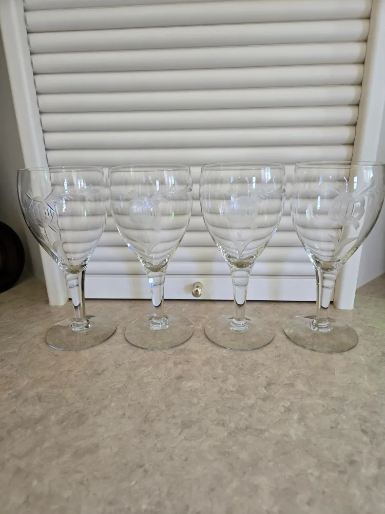 Set of Four Etched Glass Wine Glasses thumbnail