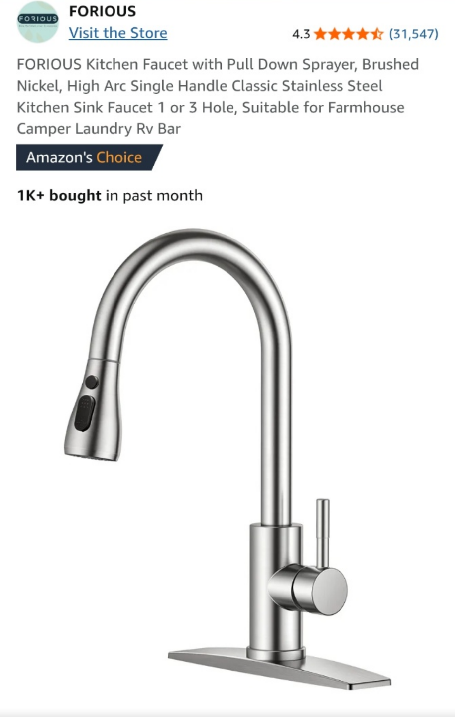 FORIOUS Kitchen Faucet - Brushed Nickel