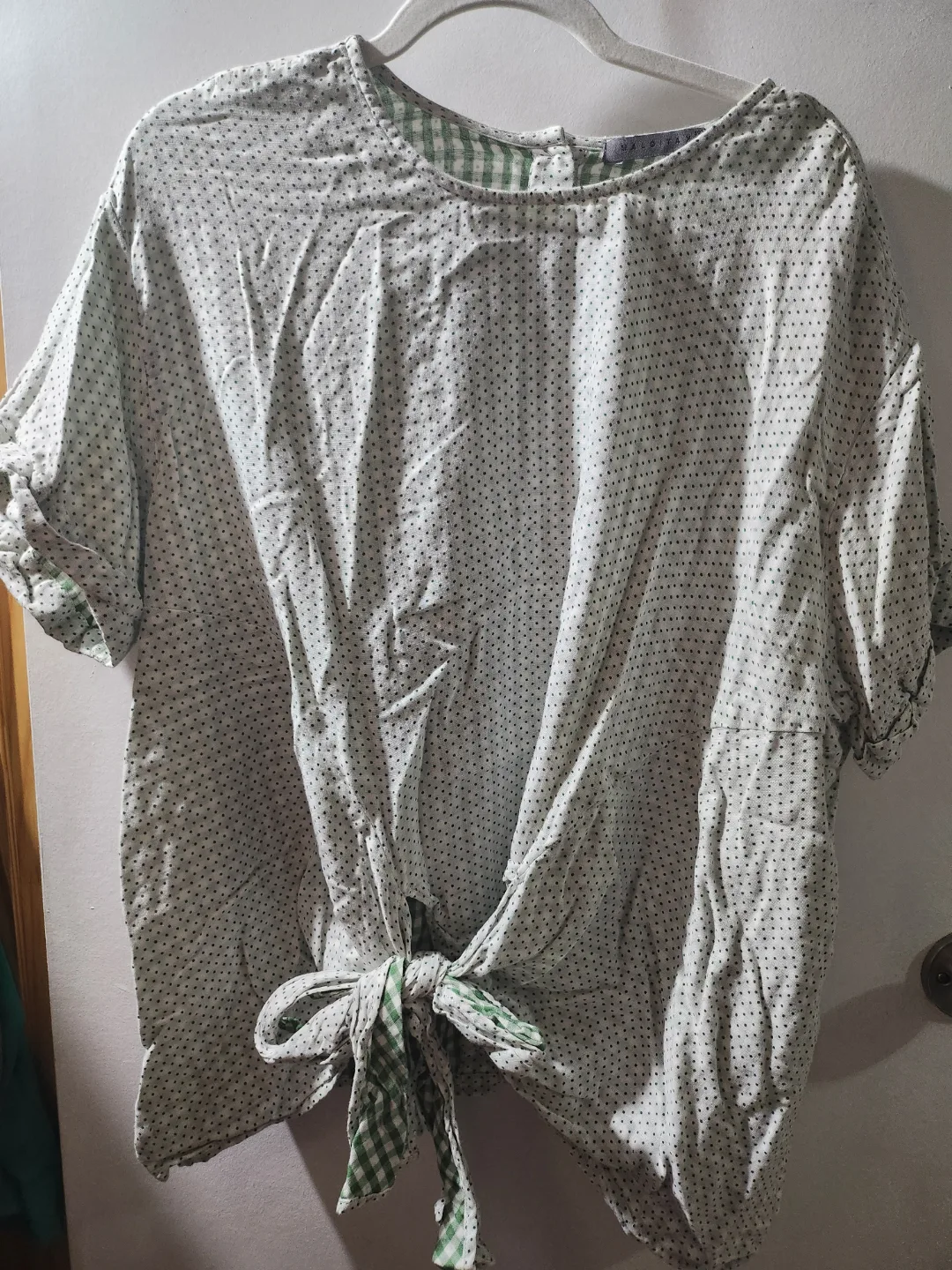 Women's Green and White Polka Dot Blouse with Tie Front thumbnail