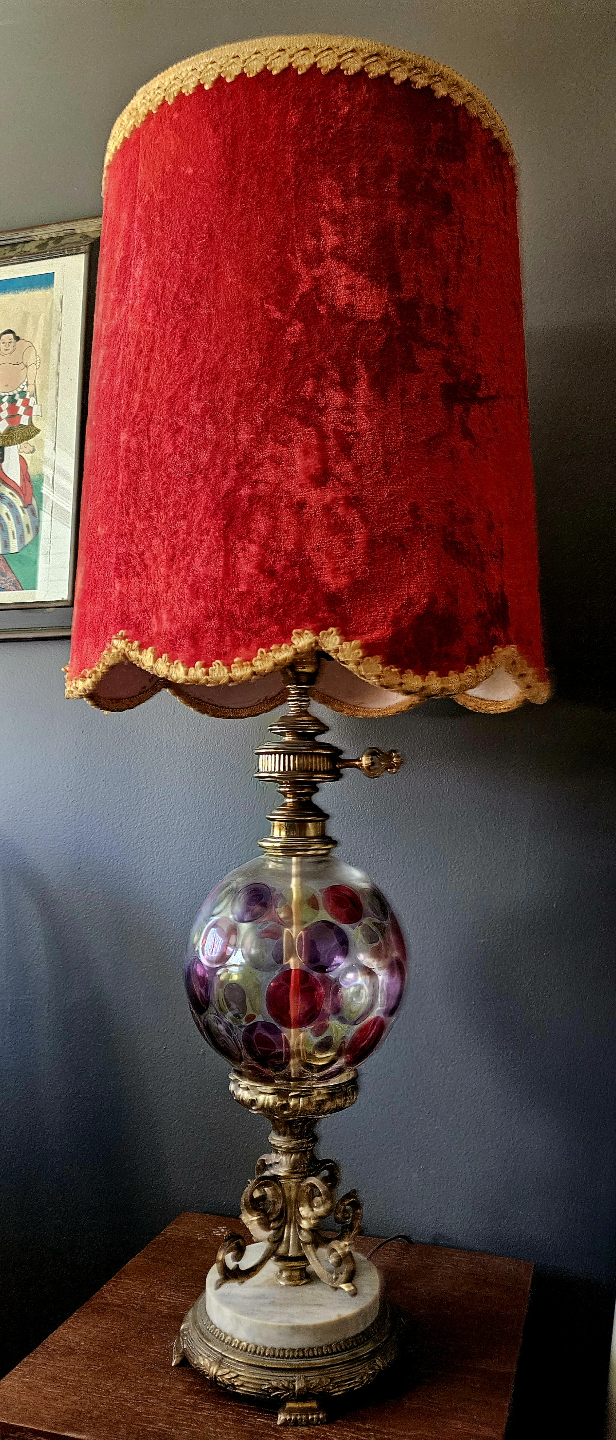 Pair of Vintage Table Lamps with Red Velvet Shade