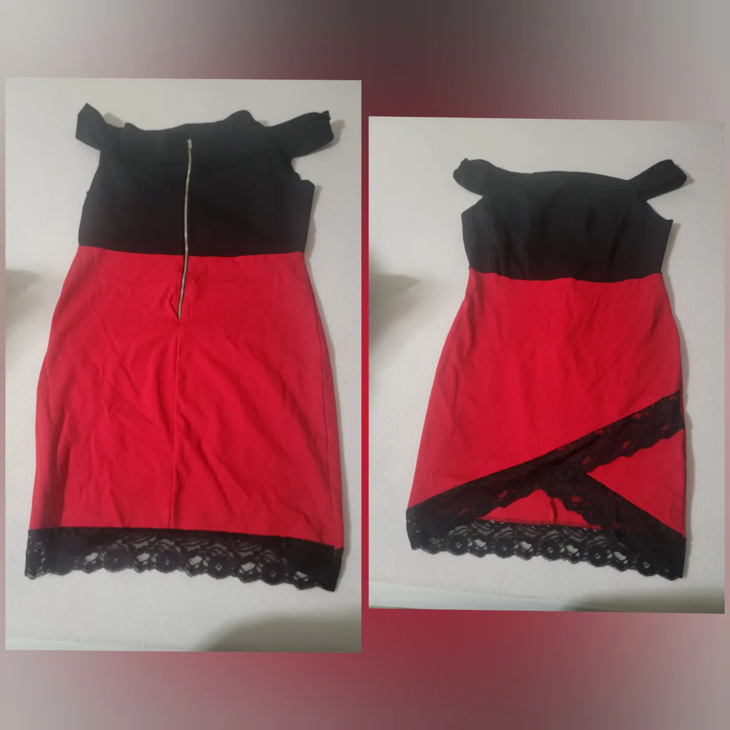 Red and Black Off-the-Shoulder Mini Dress with Lace Detail thumbnail