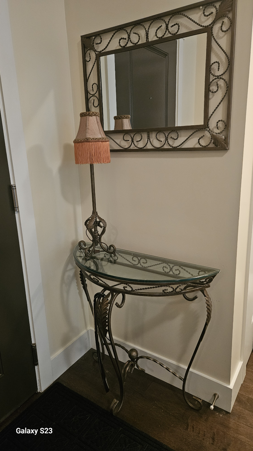 Ornate Metal Console Table with Glass Top and Matching Lamp