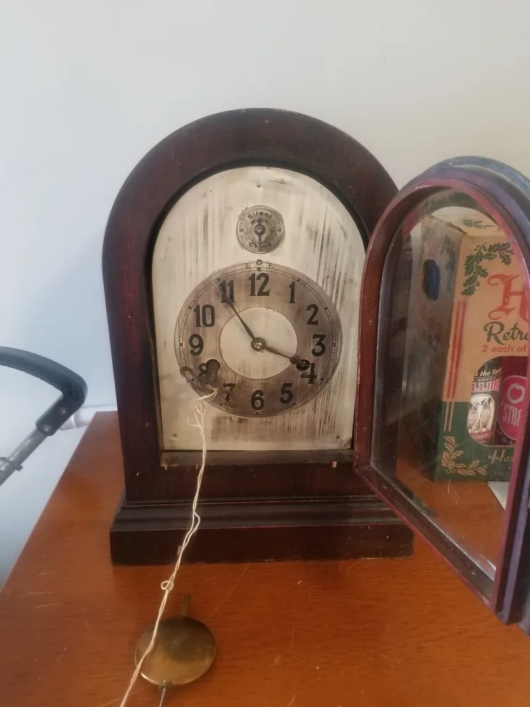 Antique Wooden Mantel Clock with Pendulum and Key thumbnail