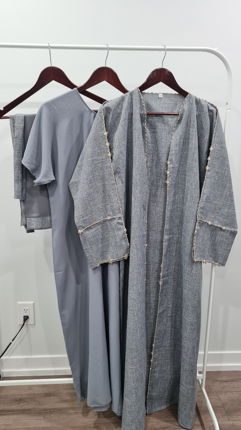 Elegant Three-Piece Linen Abaya Set