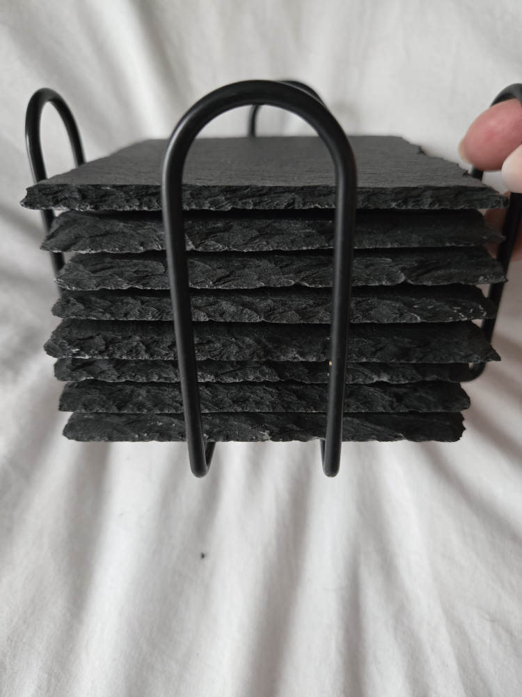 Set of Six Black Slate Coasters with Metal Holder - photo 2