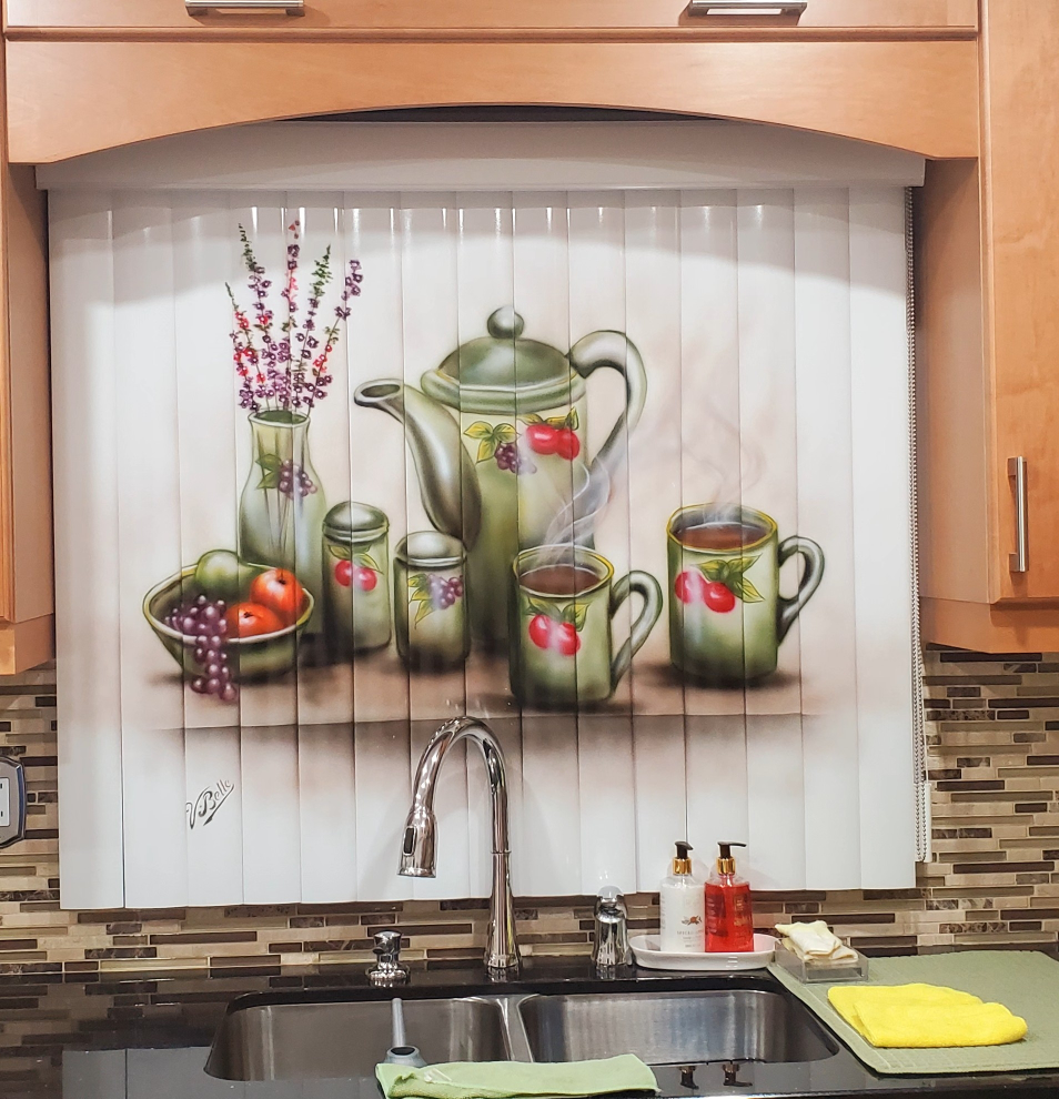 Custom-painted kitchen blinds