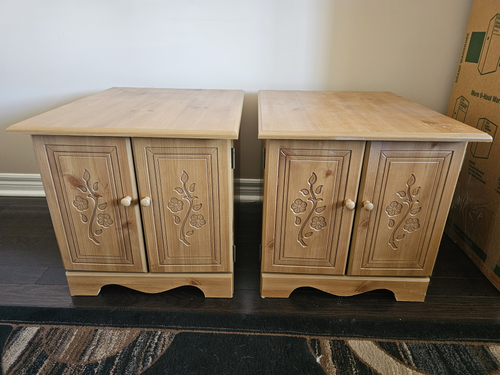 Pair of Wooden End Tables with Carved Detail