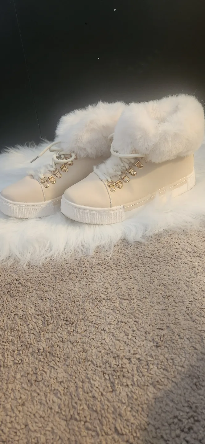 Cream-coloured Faux Fur Trimmed High-Top Sneakers thumbnail