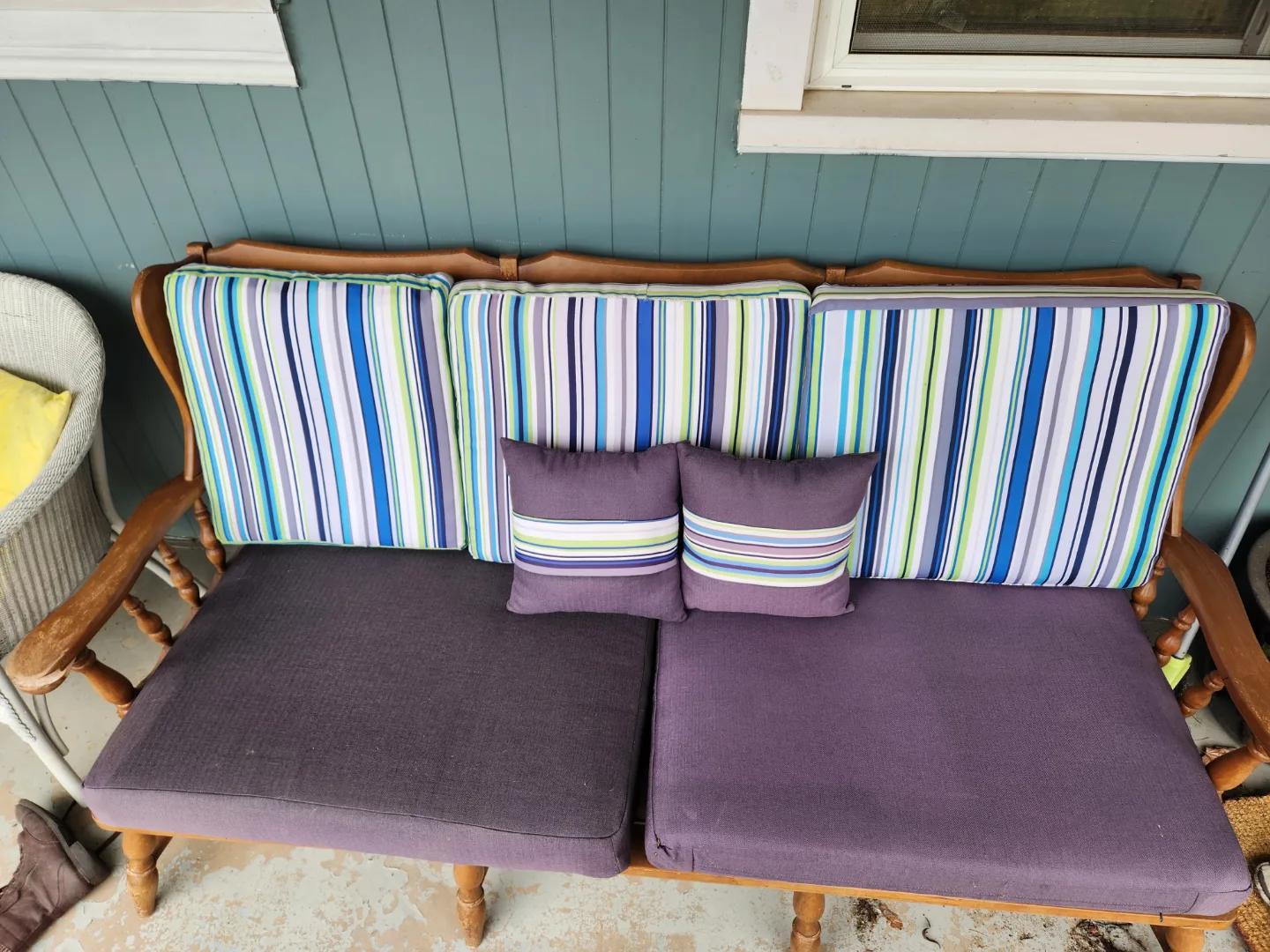 Vintage Wooden Sofa with Cushions thumbnail