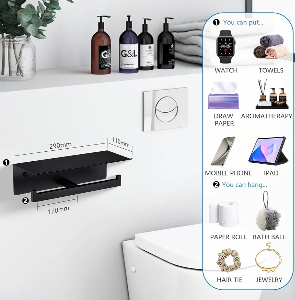 Black Double Toilet Paper Roll Holder with Shelf - photo 2