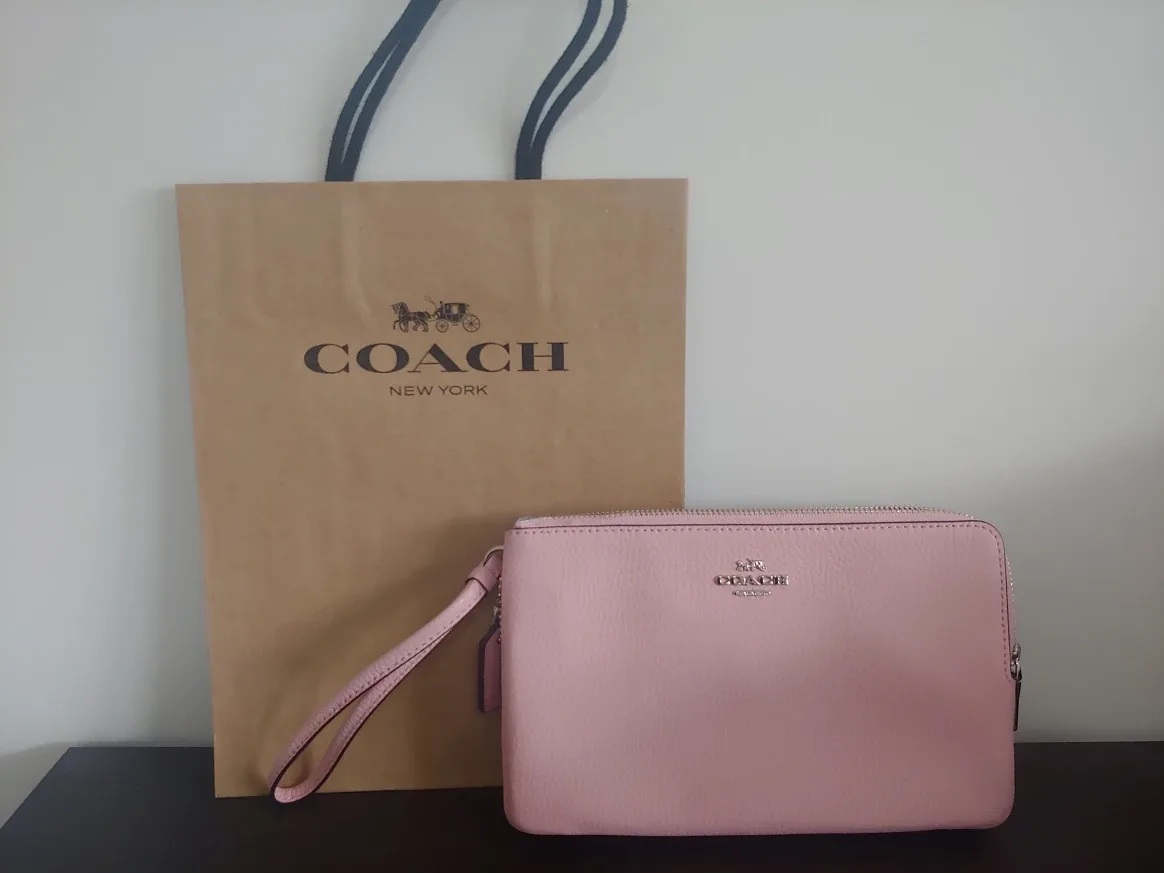 Coach Pink Leather Wristlet with coach gift bag thumbnail