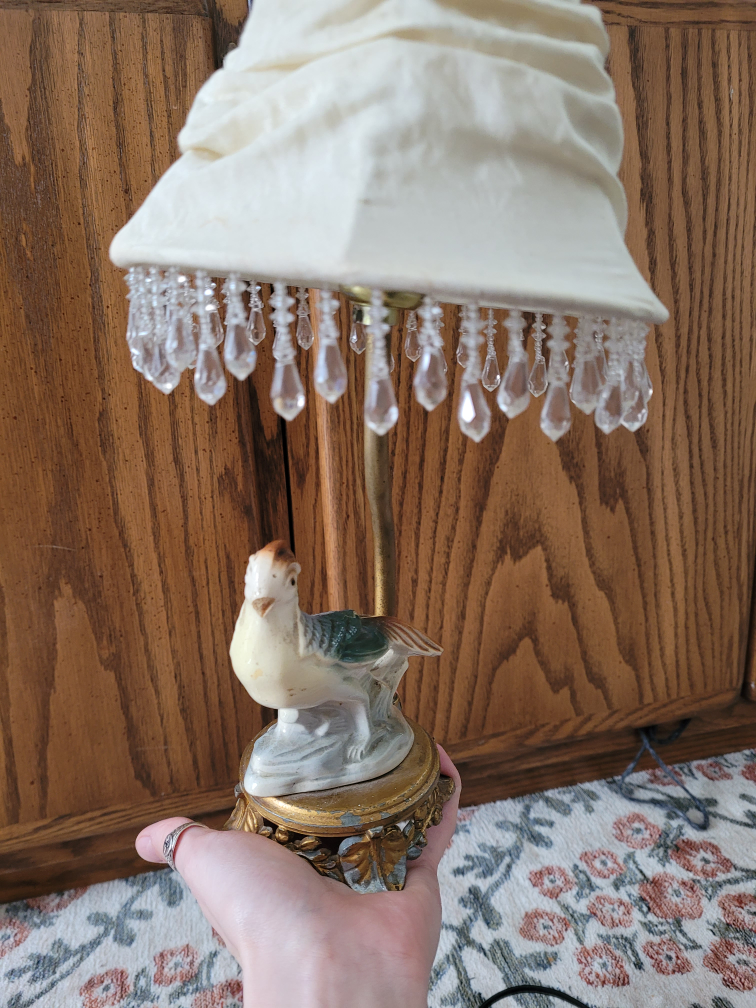 Vintage Porcelain Bird Table Lamp with Beaded Shade - photo 2