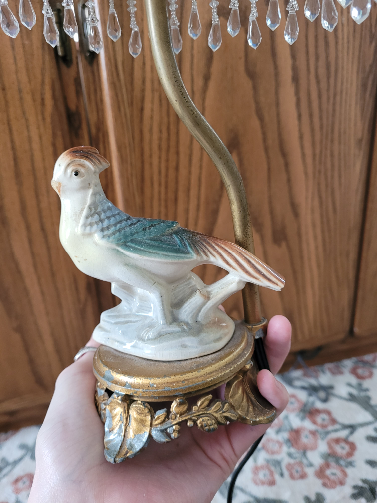 Vintage Porcelain Bird Table Lamp with Beaded Shade - photo 3
