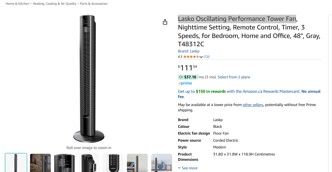 Lasko Oscillating Performance Tower Fan - 48" Gray