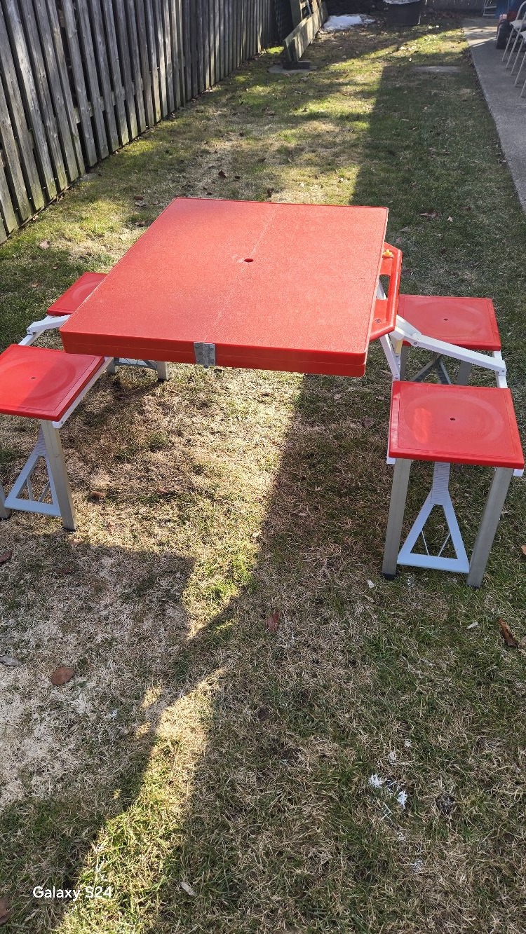 Portable Red Picnic Table Set with Four Folding Chairs