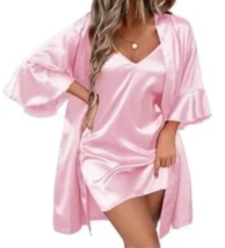 Pink Satin Robe and Slip Set thumbnail