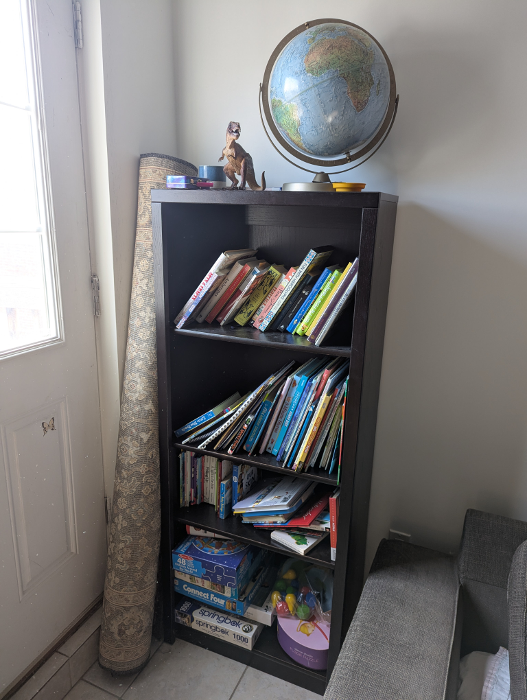 Two dark brown 4-shelf bookcases