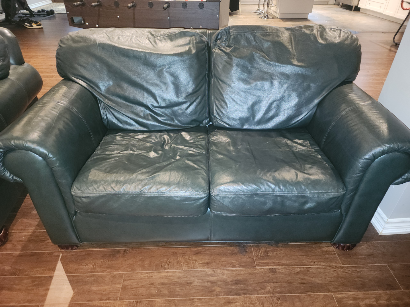 Dark Green Leather Sofa and Two Chairs
