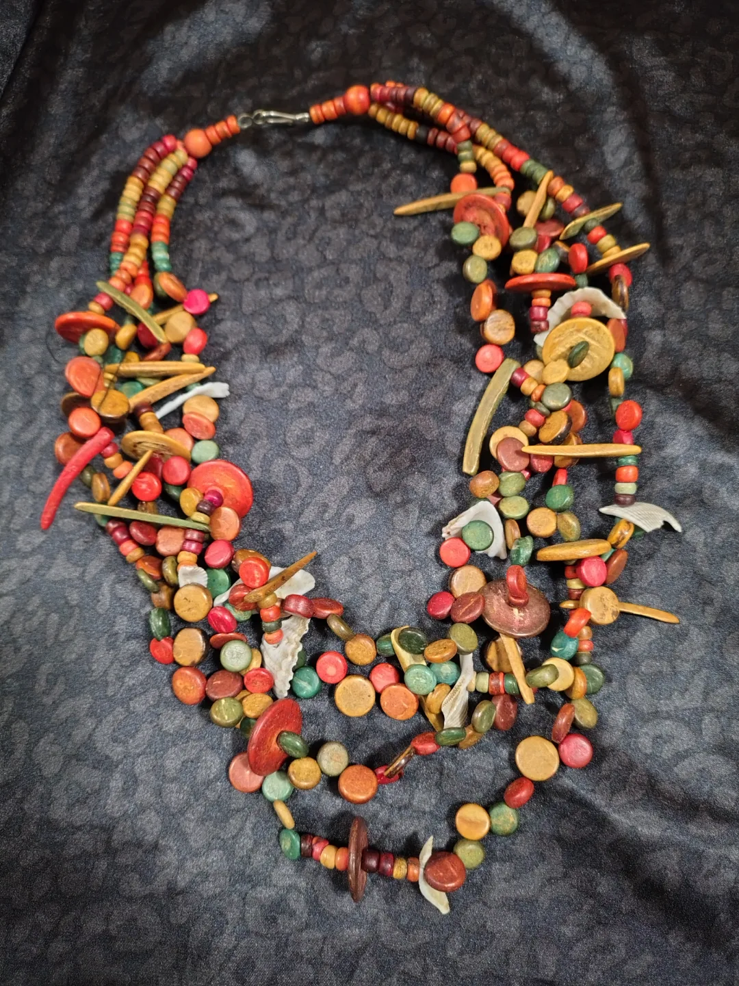 Multi-strand Beaded Necklace with Wooden and Shell Accents thumbnail