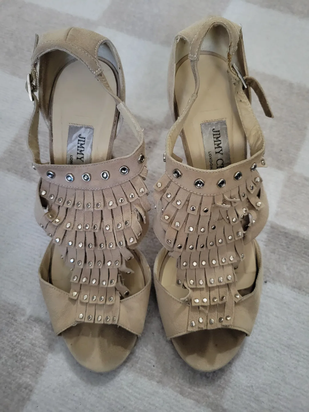 Jimmy Choo Beige Suede Fringe Heels Size 38 image indicator(2)
