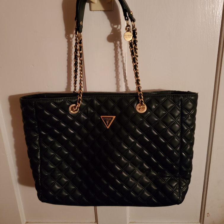 Guess Black Quilted Tote Bag with Gold Chain Strap