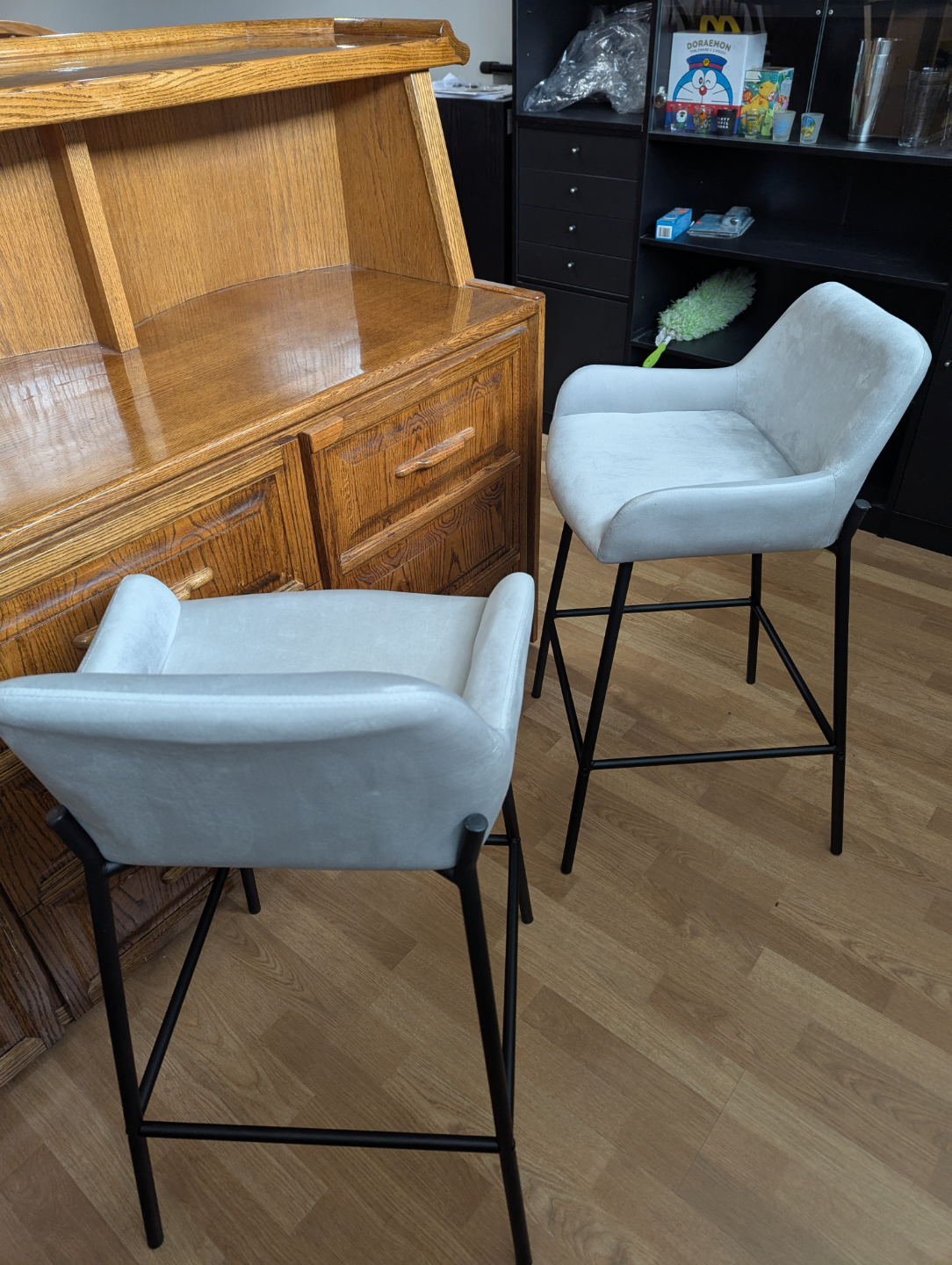 Pair of Grey Padded Velvet Bar Stools