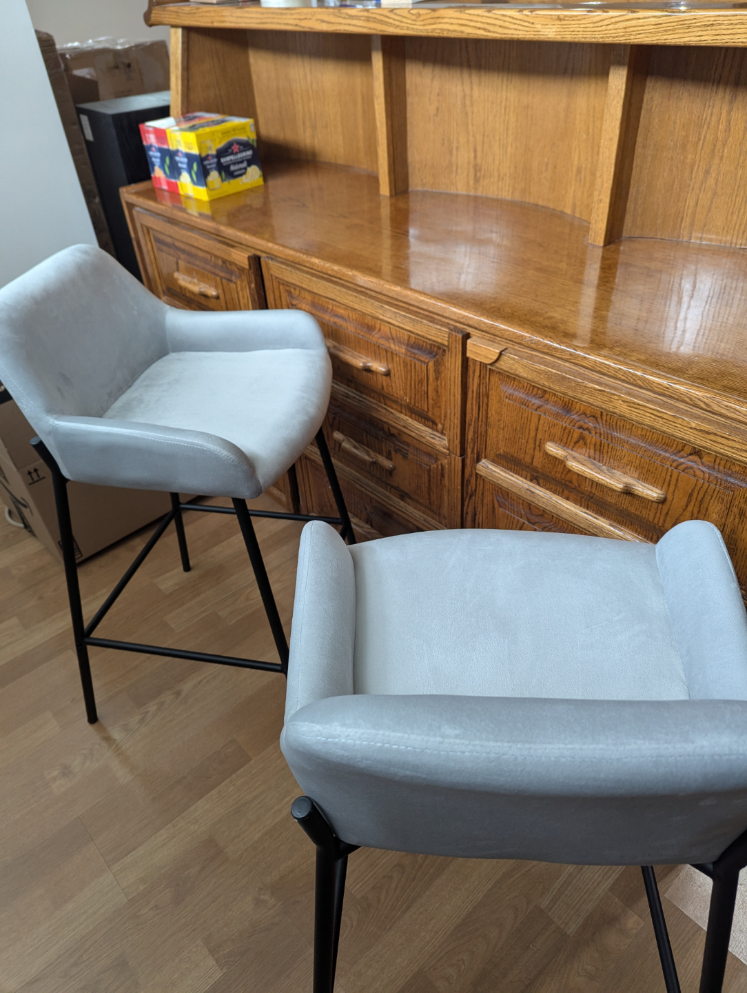 Pair of Grey Padded Velvet Bar Stools - photo 2