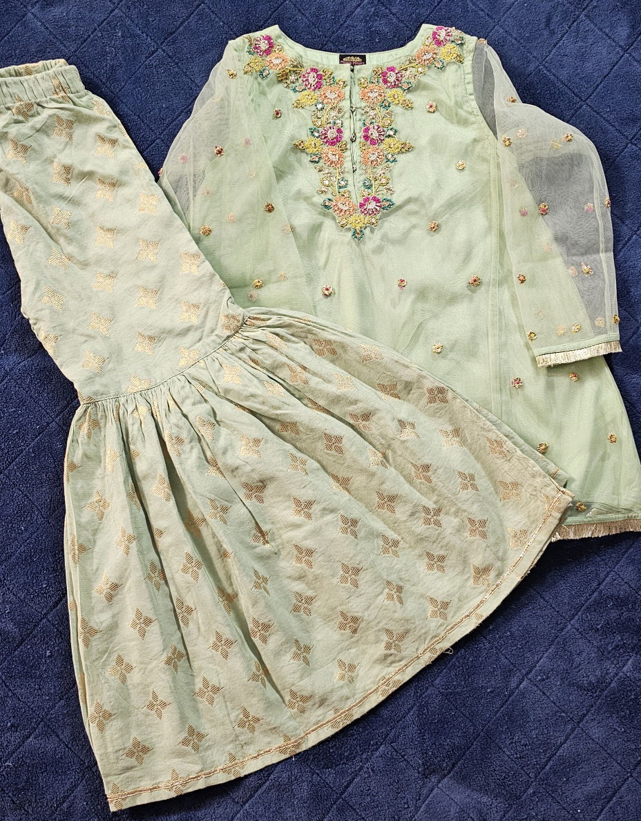 Girls' Pastel Green Embroidered garara Set with Dupatta - photo 2