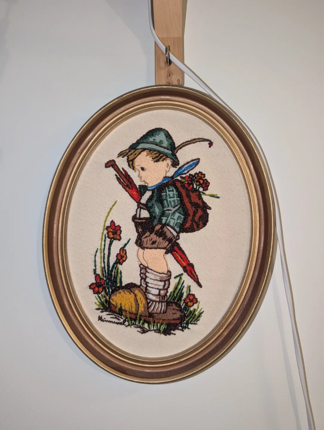 Vintage Framed Embroidery of Boy with Backpack thumbnail
