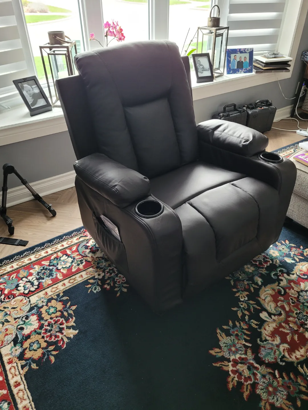 Dark brown leather rocker recliner with massage and heat thumbnail
