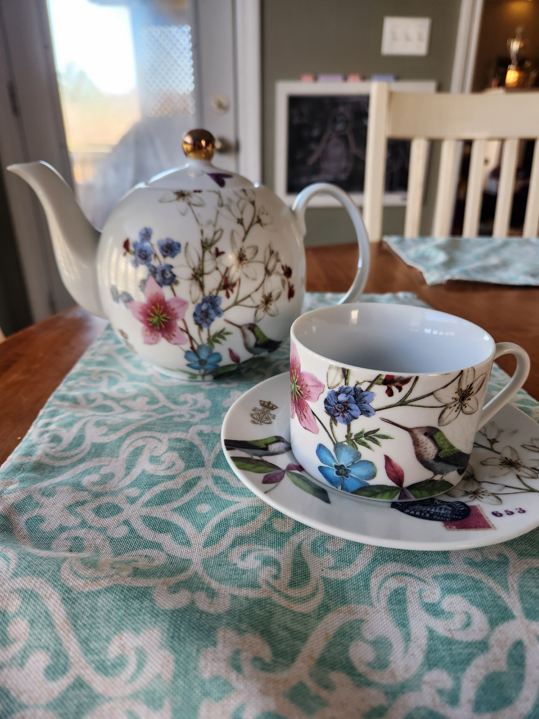 Teapot and Teacup Set, Floral Hummingbird Design