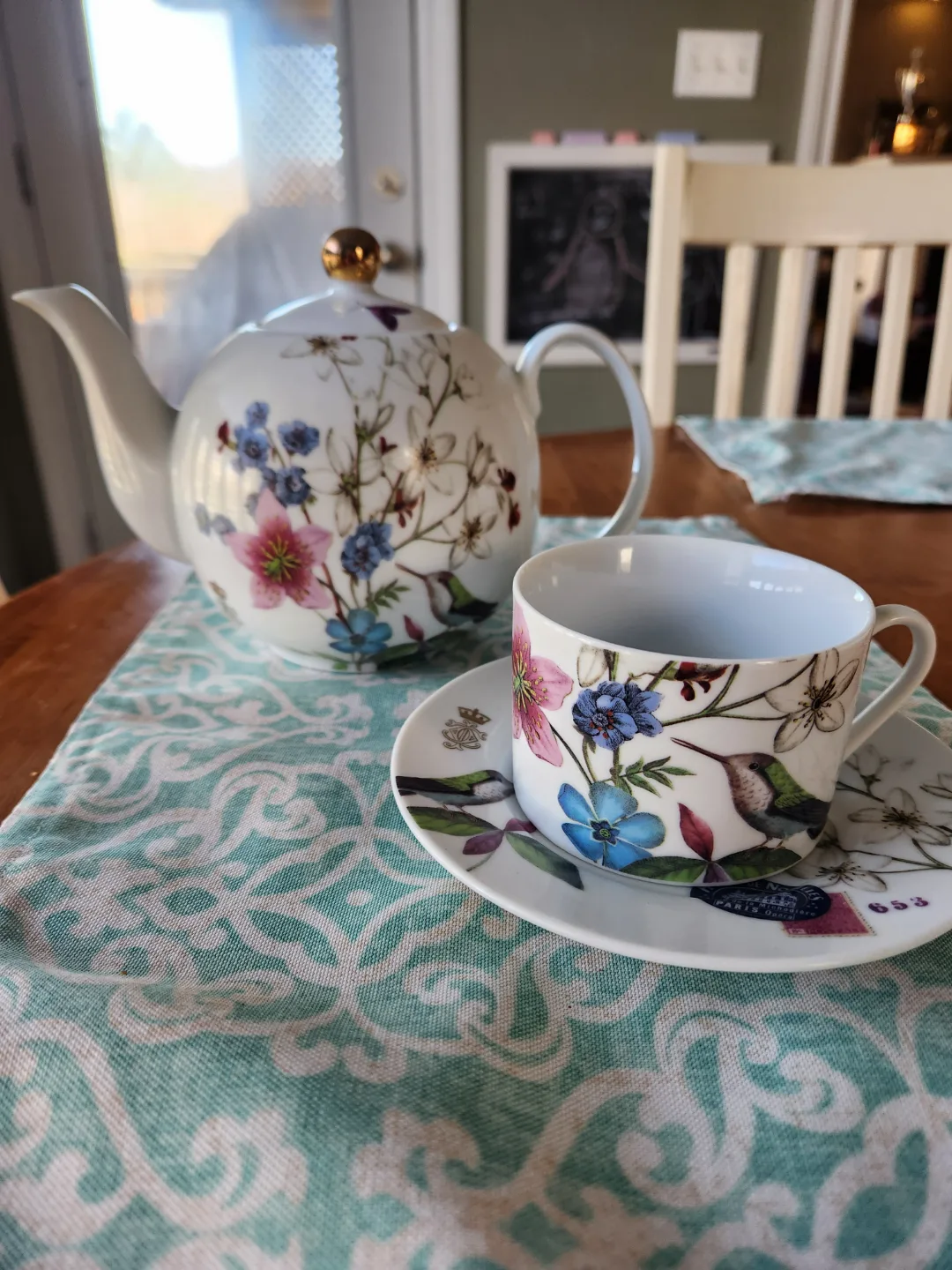 Teapot and Teacup Set, Floral Hummingbird Design thumbnail