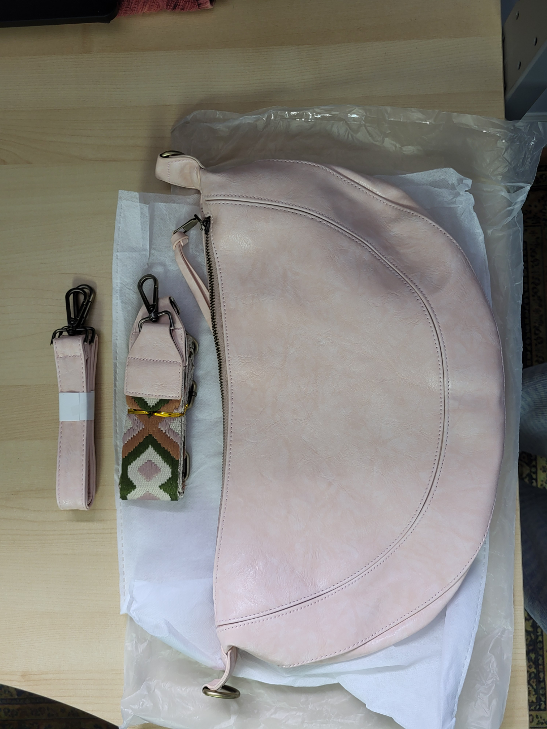 Pink Half-Moon Leather Handbag with Two Straps