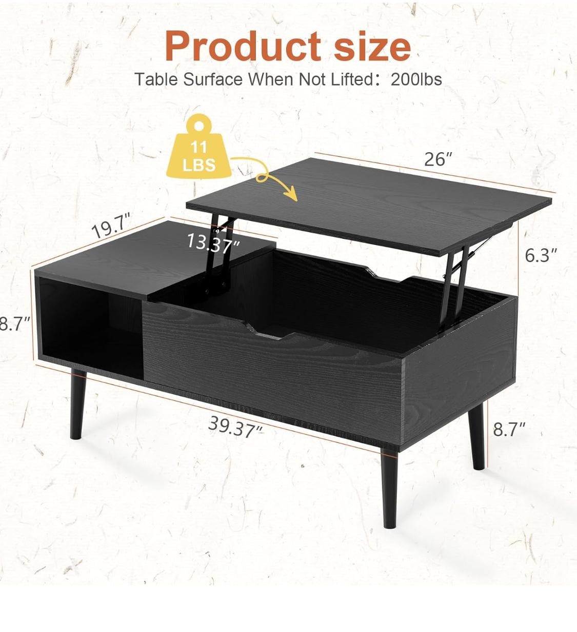 Black Lift-Top Coffee Table with Storage