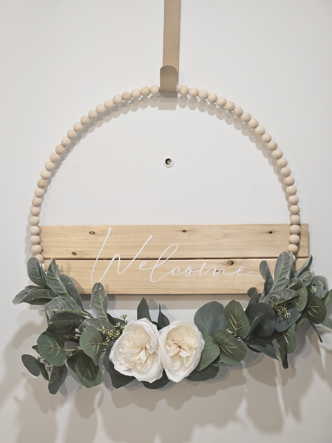 Welcome Wooden Bead Wreath with Flowers