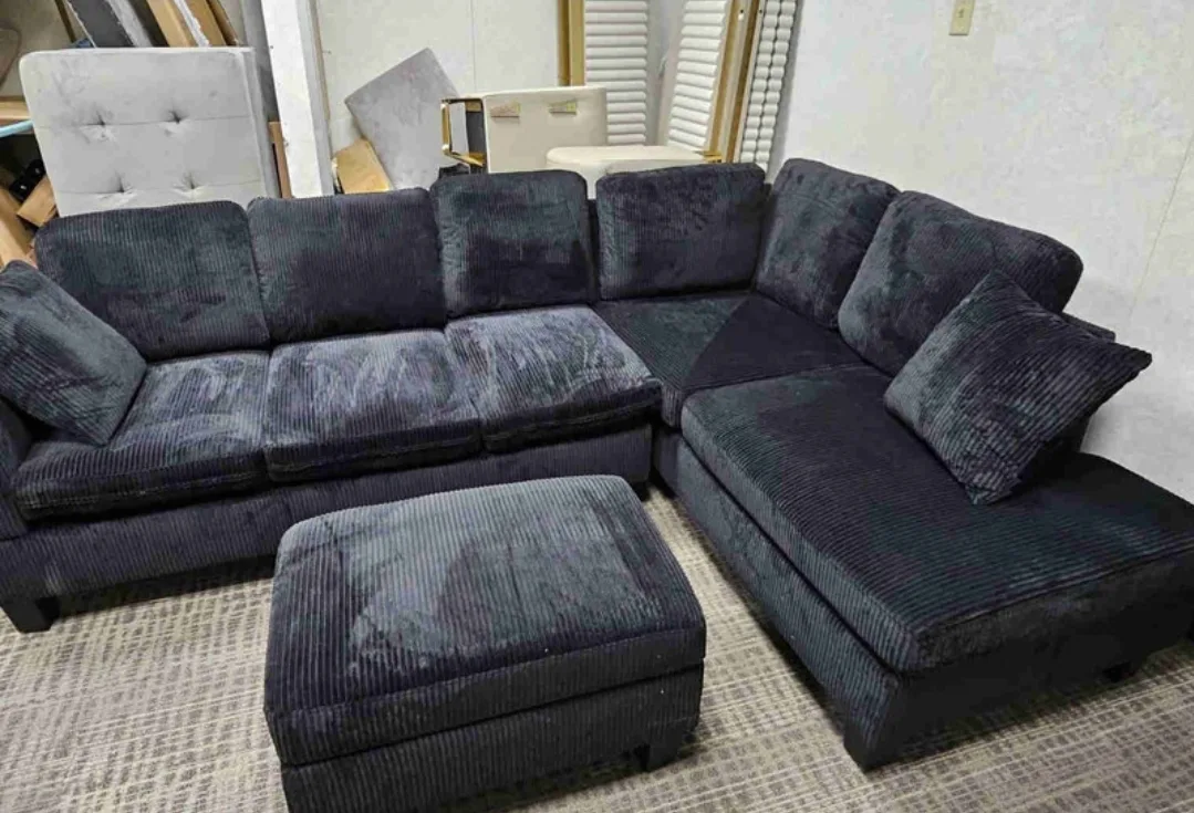 Dark Grey Corduroy Sectional Sofa with Ottoman 💚 thumbnail