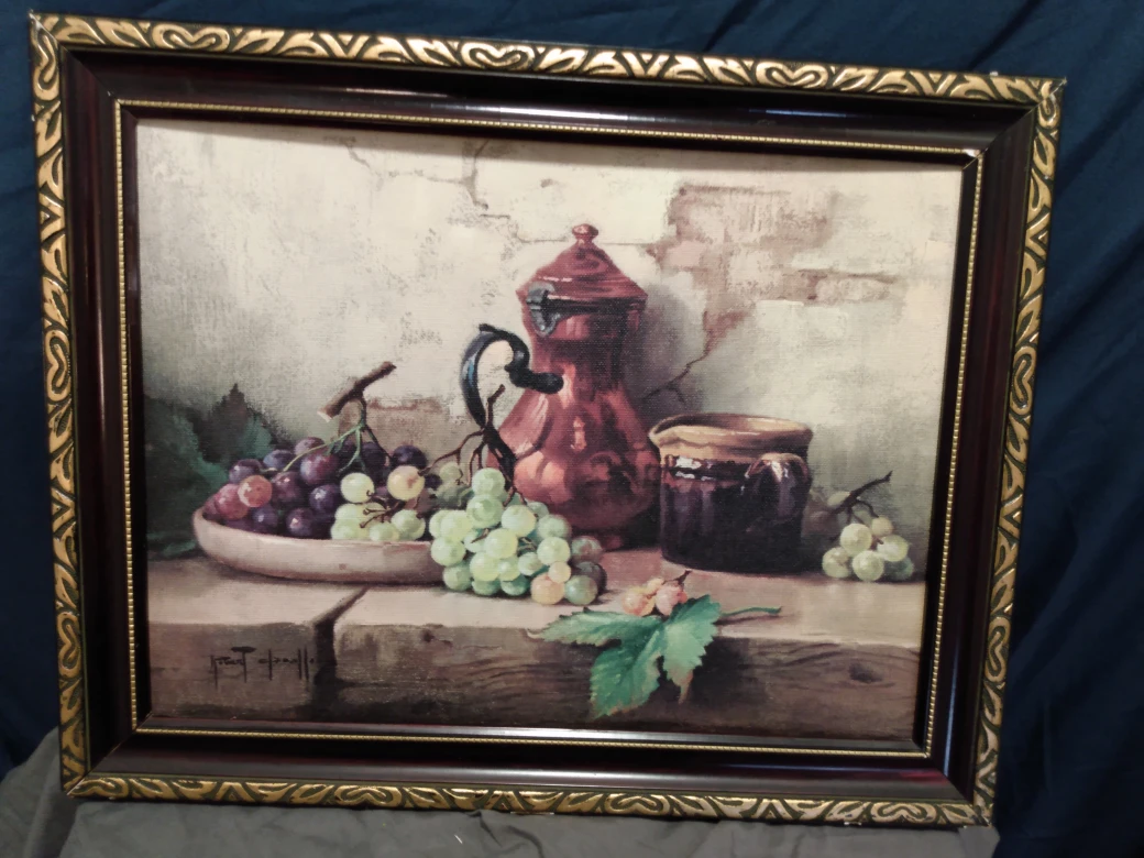 Framed Still Life Painting of Fruit and Pottery - photo 2