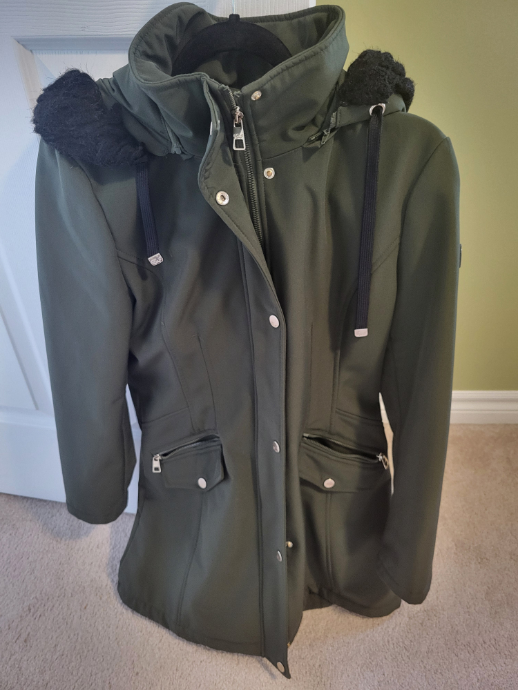 Women's Olive Green Softshell Winter Jacket with Faux Fur Hood